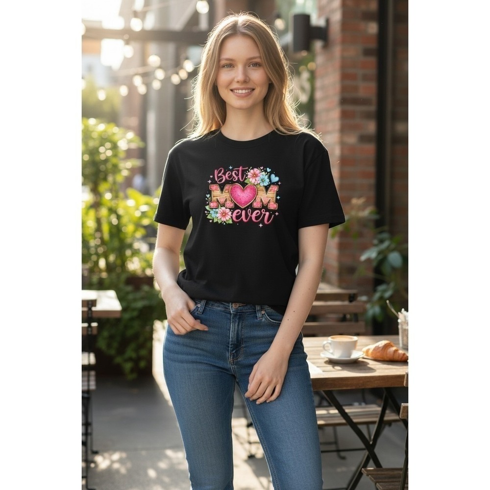 Best MOM Ever Graphic T-Shirt Black Floral Heart Mother's Day Gift XL